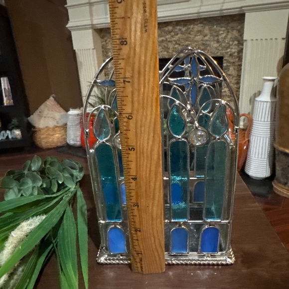 Handmade Artisan Cut-Stained Glass Art Noveau Candle Holder w/blue glass Crosses - Picture 8 of 8